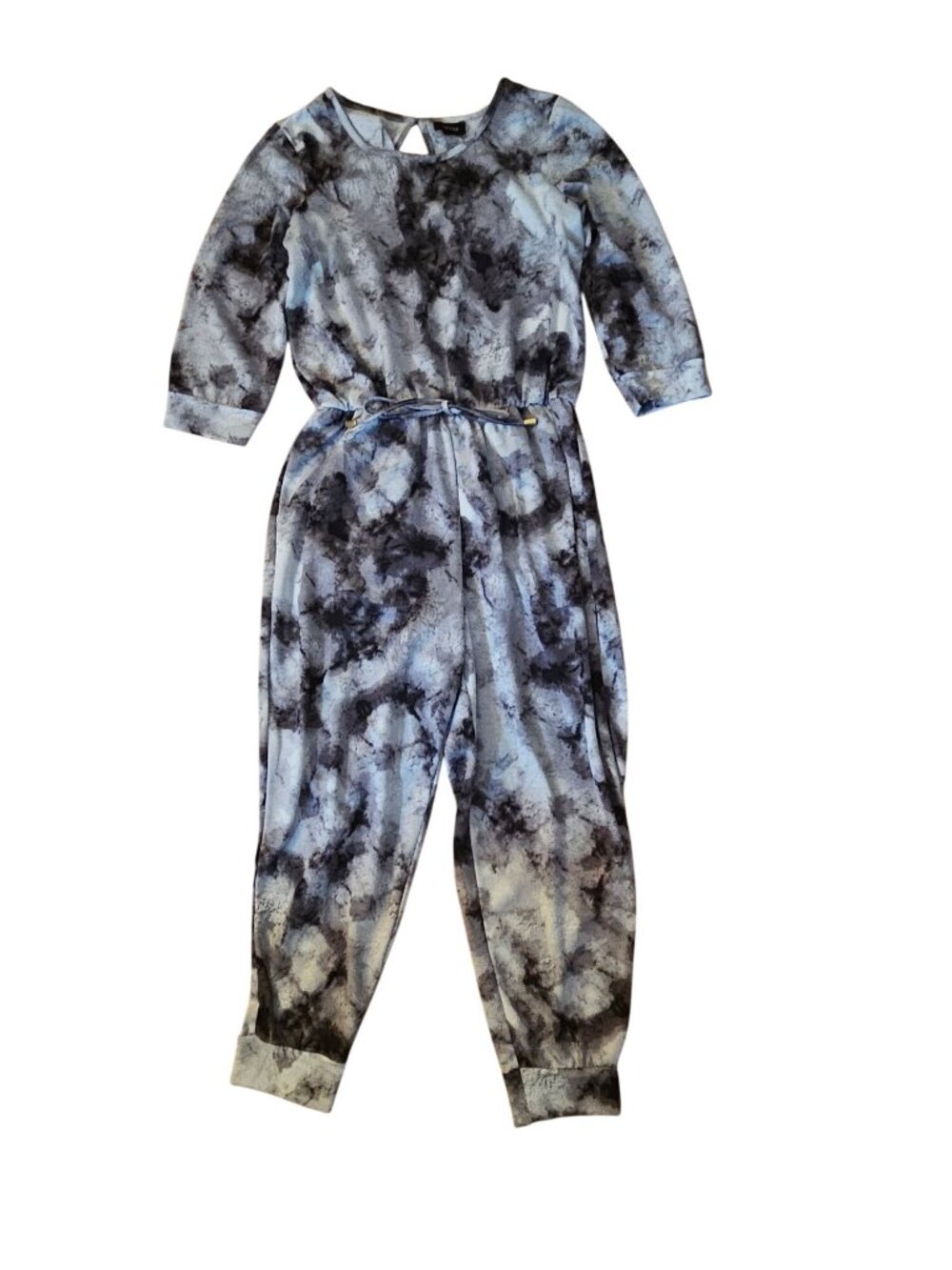 Tie-Dye Print Jumpsuit With Waist Tie & 3/4 Sleeves Small Size By Tigora